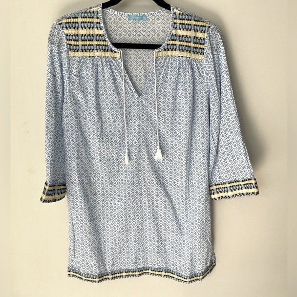 J. McLaughlin Embroidered Tassel Tunic Size Small Cotton Kurta Blue Yellow.  10 - Picture 1 of 6